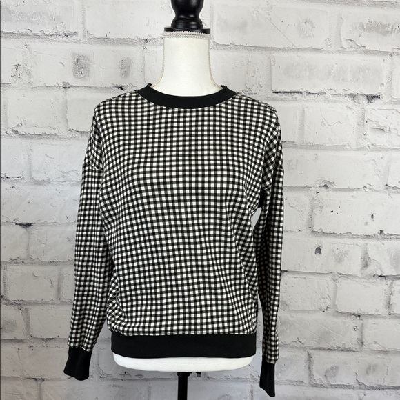 Alice + Olivia Crew Neck Cotton Blend Long Sleeve Buffalo Check Top Shirt
